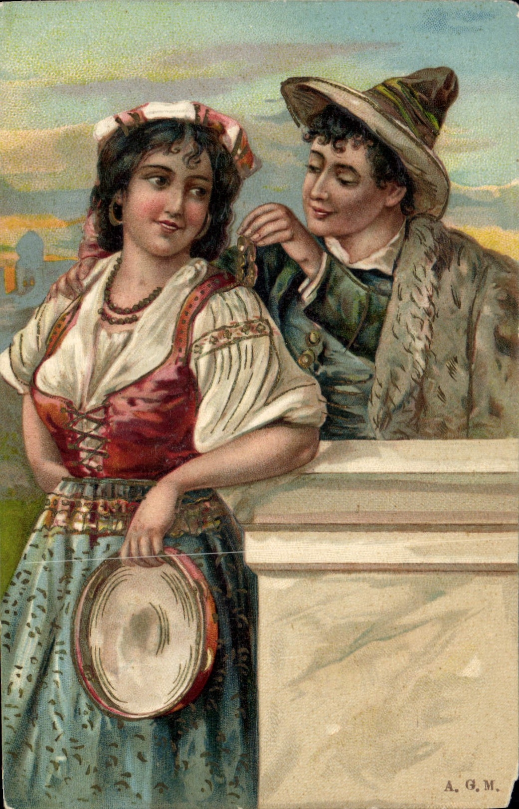 Jeune femme en costume folklorique et jeune homme en chapeau — A. G. M.