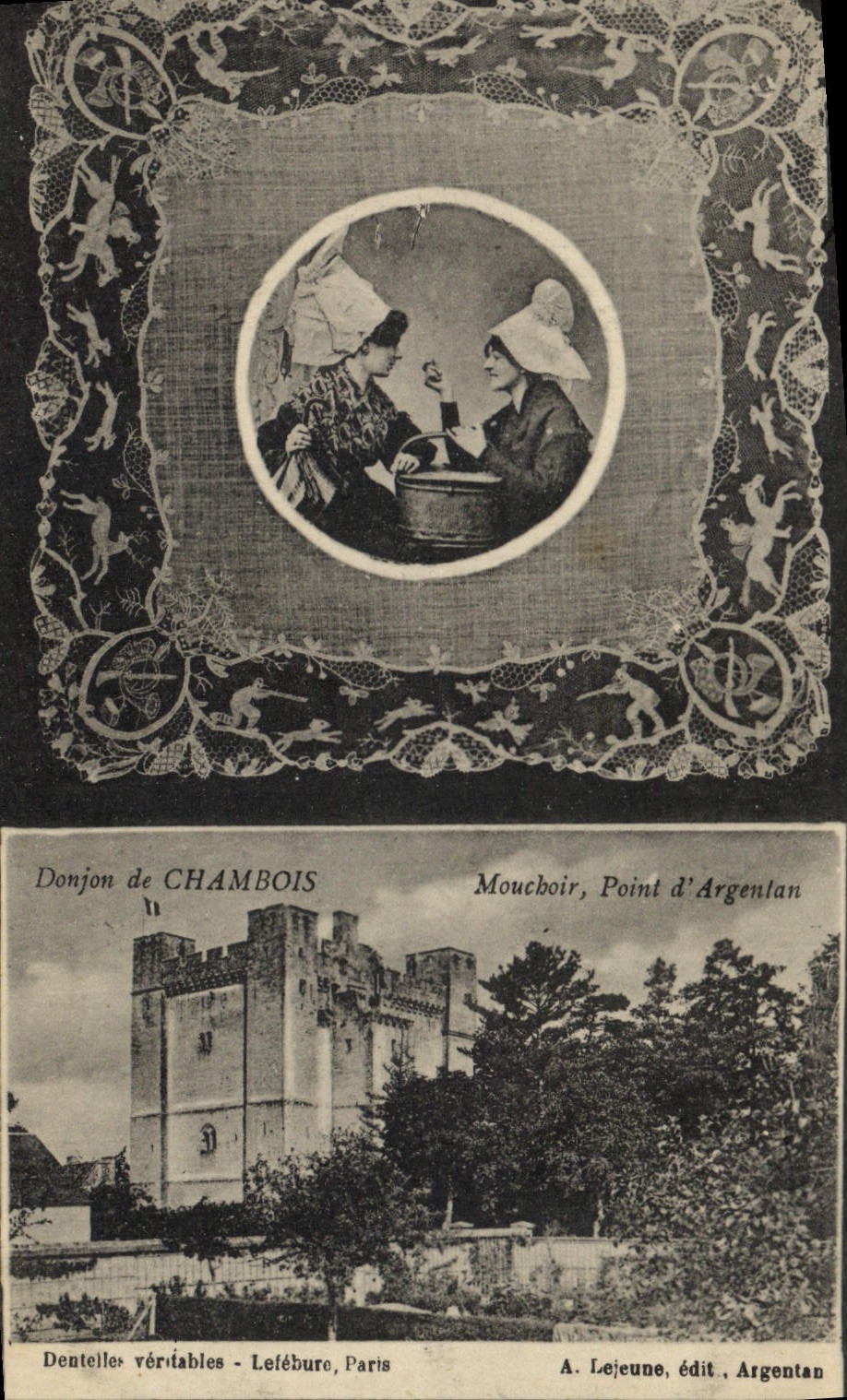 CPA Folklore Dentelle Dentelliere Donjon de Chambois Mouchoir Point d'Argentan 