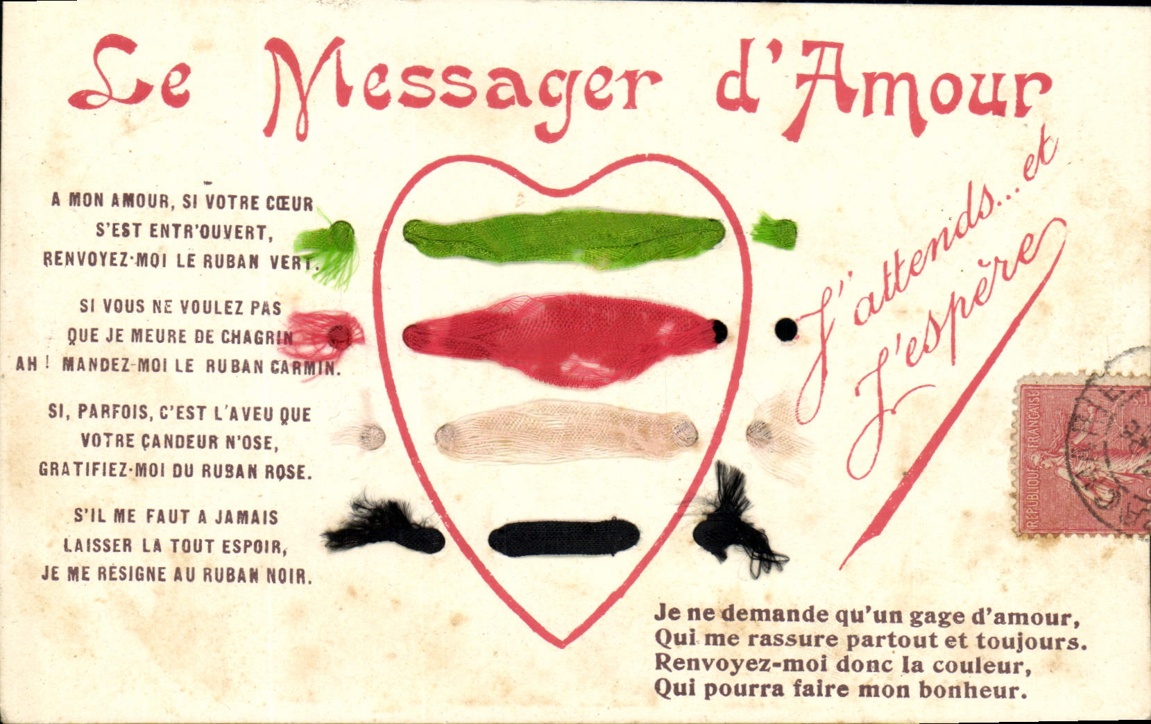 Le Messager d'Amour — tarjeta postal sentimental con cintas coloridas — editor J. Brian Rouxelles, n° 2