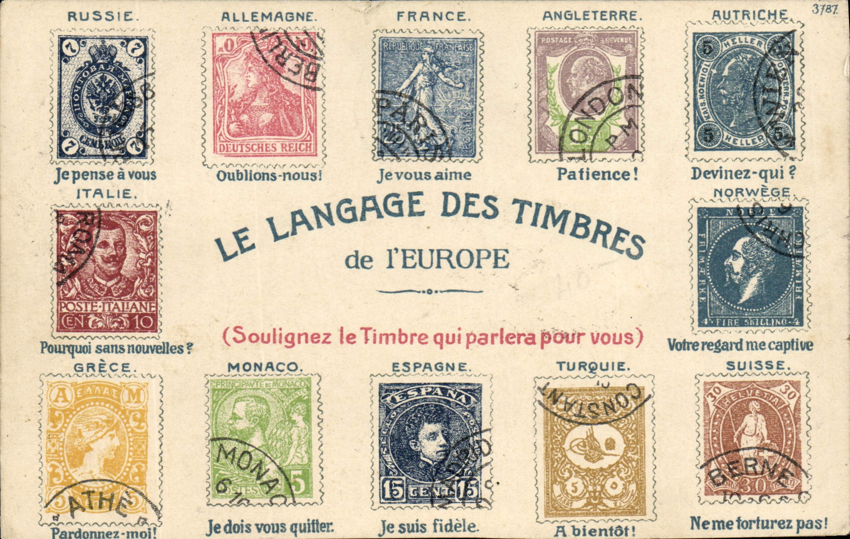 Vintage Postcard Fantasy The Language of Stamps Russia Germany France England Austria Italy Norway Greece Switzerland Monaco Spain Turkey