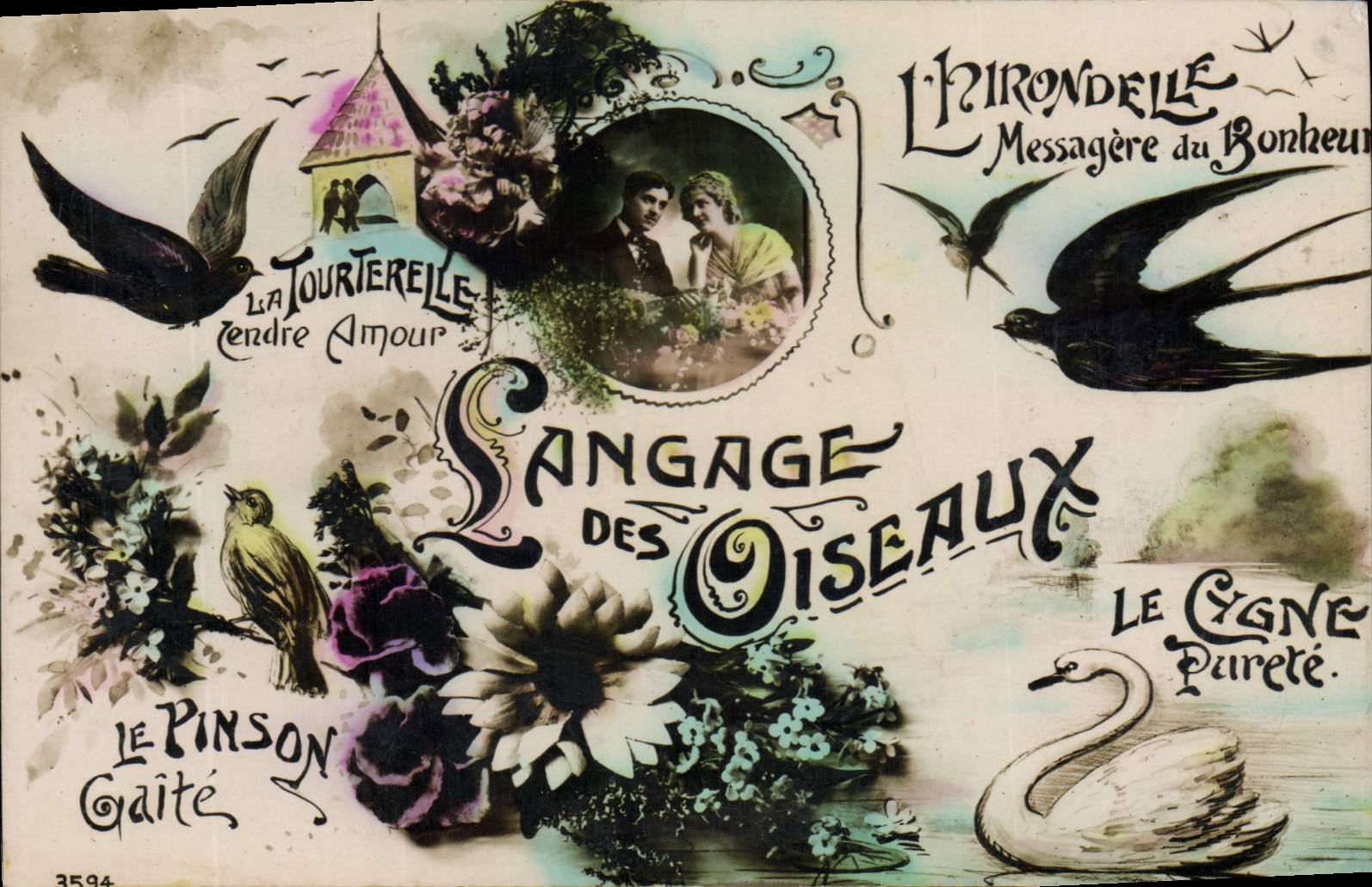 Langage des Oiseaux — L'hirondelle messagère du bonheur, le pinson gaîté, le cygne pureté — éditeur non identifié, n° de série 3594
