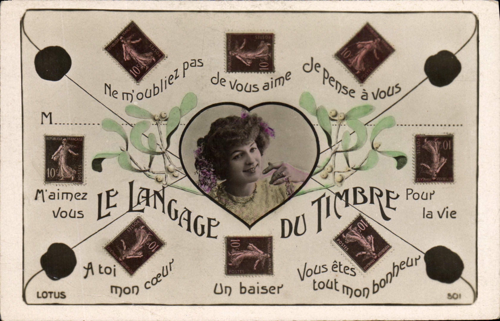 CPA Fantaisie Langage des timbres Semeuse 10c 