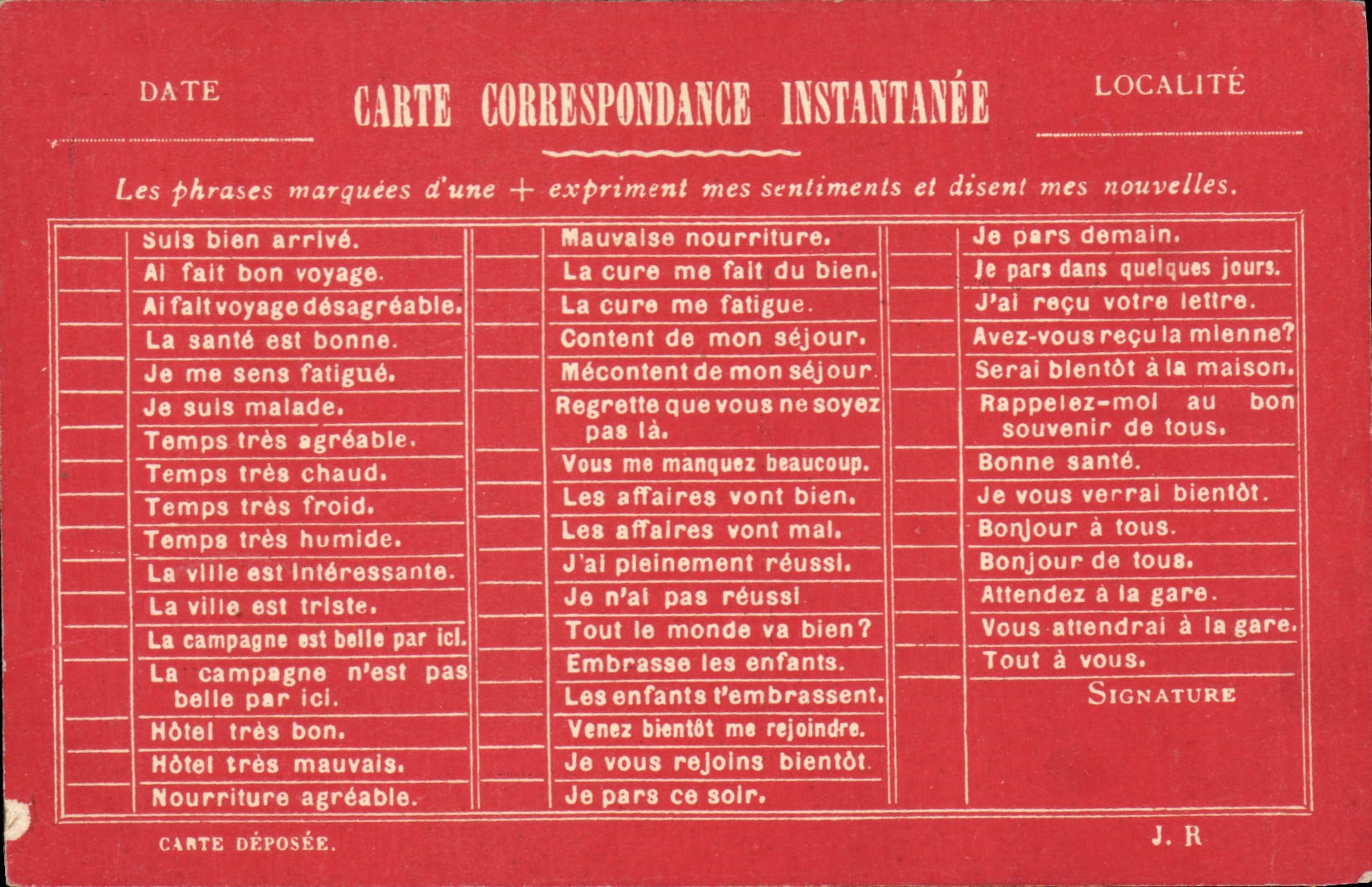Carte correspondance instantanée — phrases pré-imprimées — J. R. signature