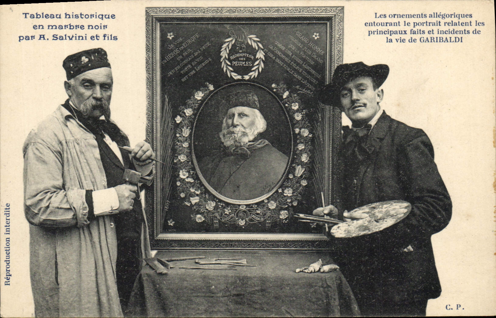 Portrait de Garibaldi — Tableau historique en marbre noir par A. Salvini et fils — C.P.