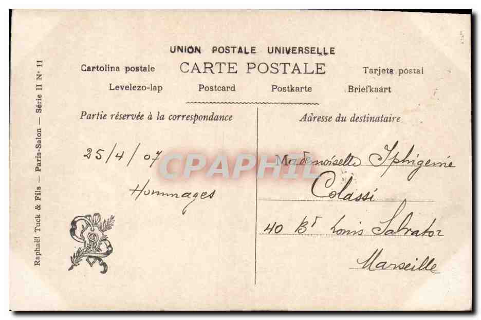 CPA Fantaisie Femme Eventail Salon 1905 Etcheverry Confidence — Rückseite