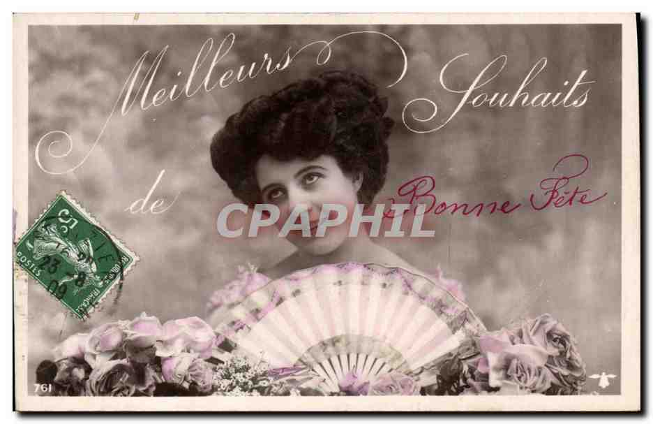 Femme avec éventail — Meilleurs Souhaits de Bonne Fête — éditeur CPAPHIL, n°761