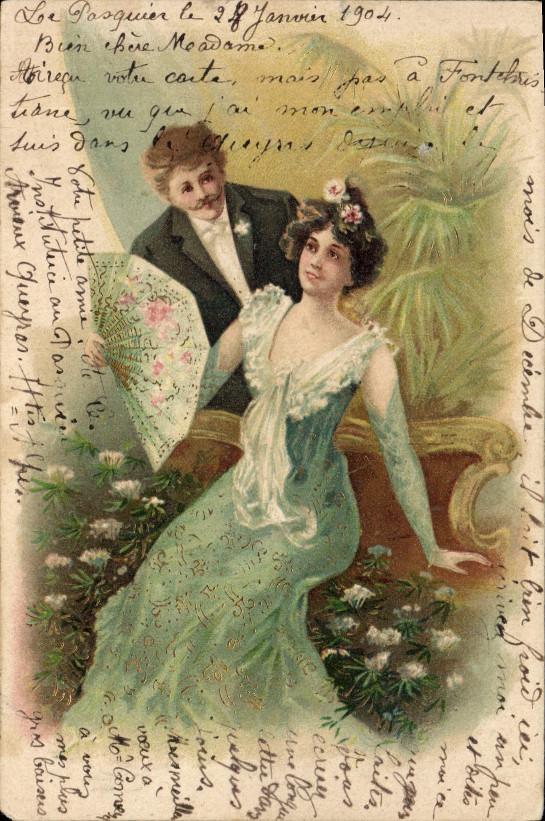 Couple élégant — scène de jardin — éditeur anonyme, série 2.2.81