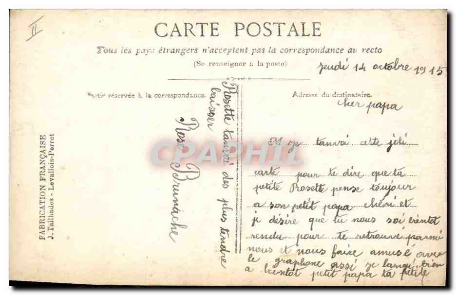 CPA Fantaisie Coeur Enfant Soldat Militaria — Verso