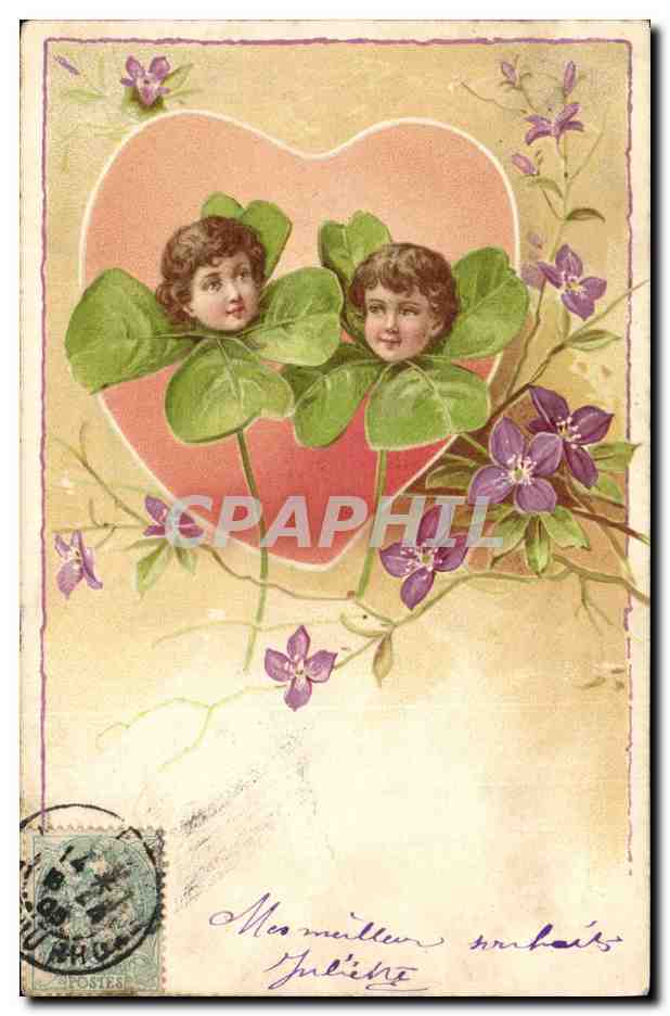 Deux enfants dans un trèfle à quatre feuilles — décor floral violet — éditeur non identifié