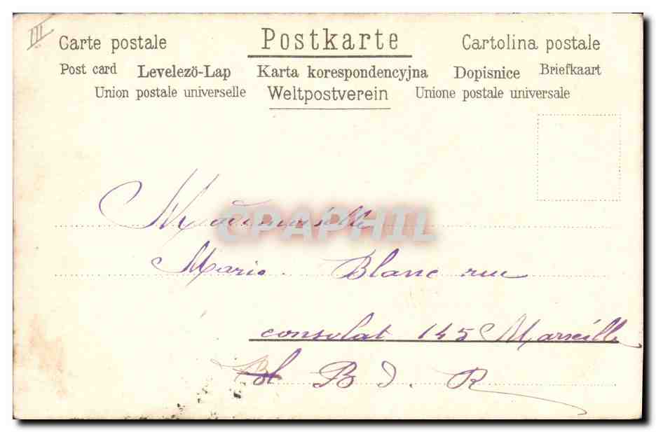 Deux enfants dans un trèfle à quatre feuilles — décor floral violet — éditeur non identifié — Rückseite