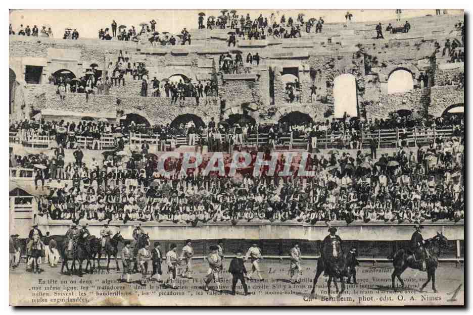 Festival de toros à Nîmes — Le "ring" et les "banderilleros" — phot. édit. O. A. Nîmes
