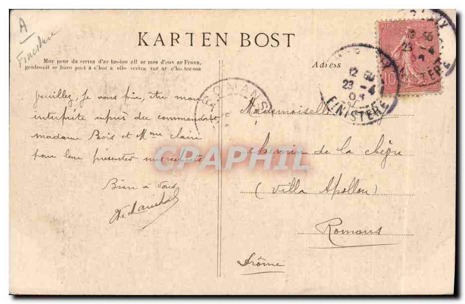 CPA Folklore Jeune fille de Fouesnant — Verso