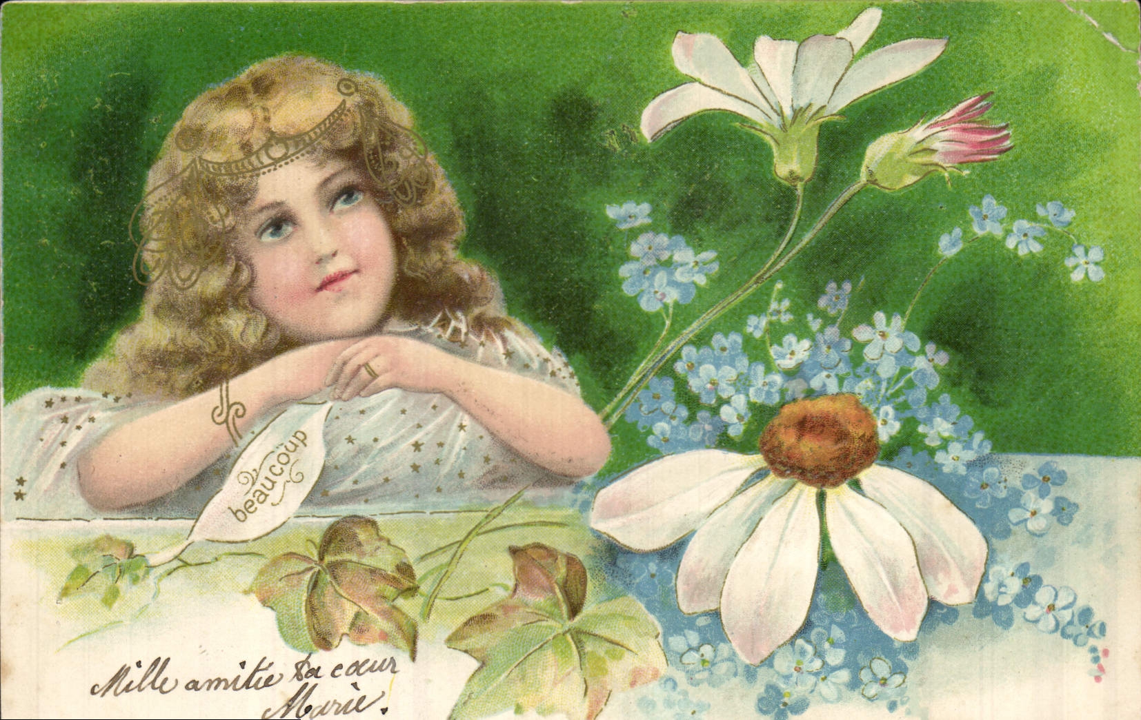 Fille aux cheveux bouclés — fleurs et message d'amitié — éditeur K. F. Boreaux Paris