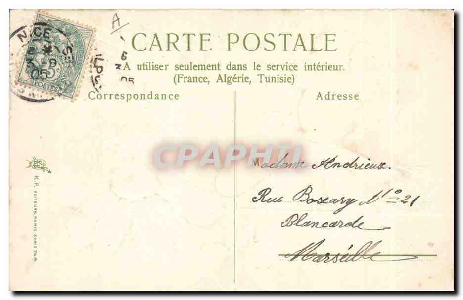 Fille aux cheveux bouclés — fleurs et message d'amitié — éditeur K. F. Boreaux Paris — Verso