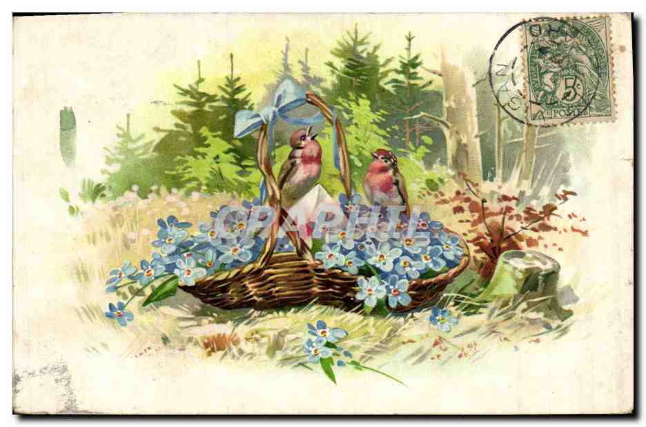 CPA Fantaisie Fleurs Oiseaux 