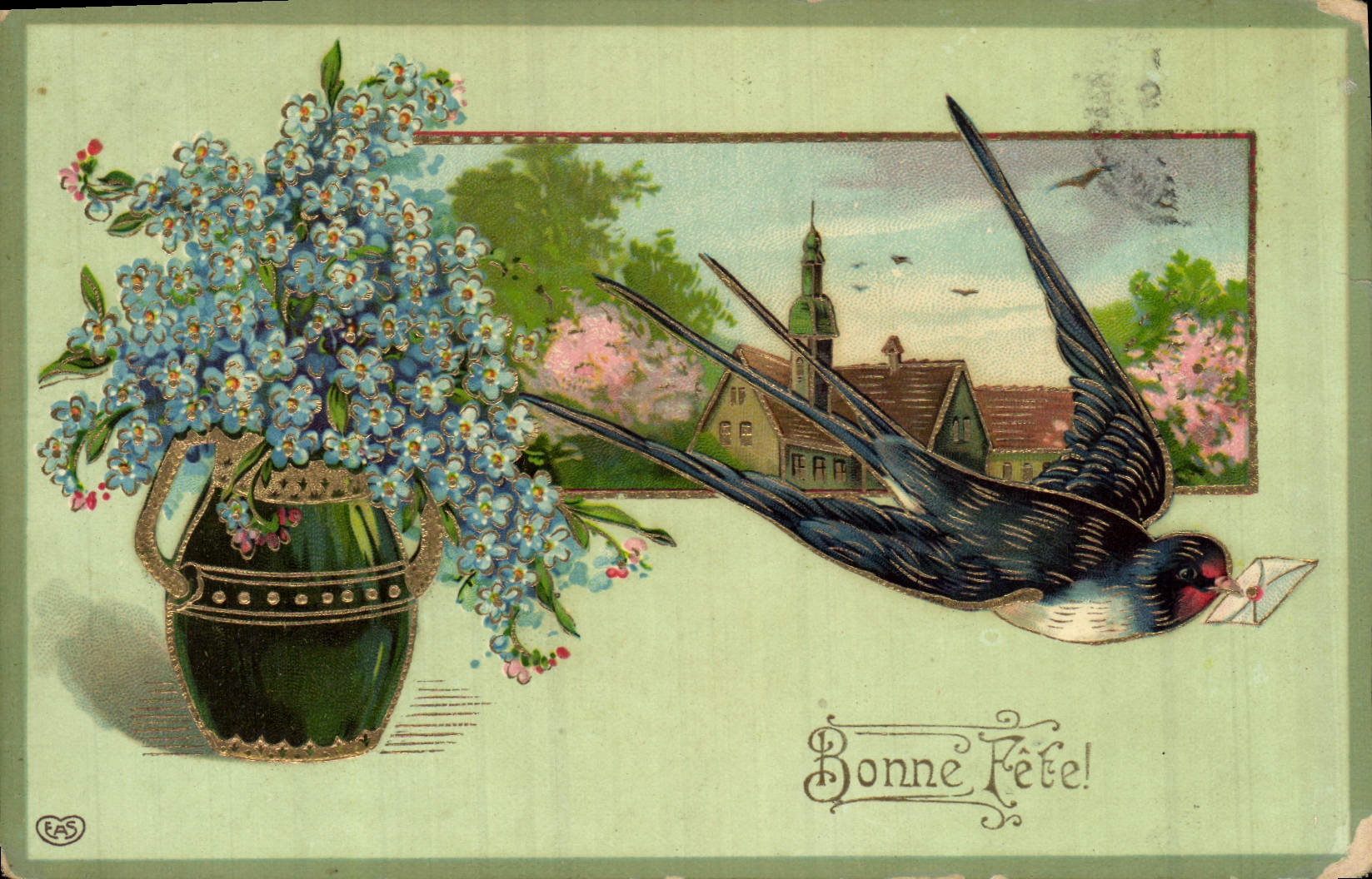 CPA Fantaisie Fleurs Hirondelle