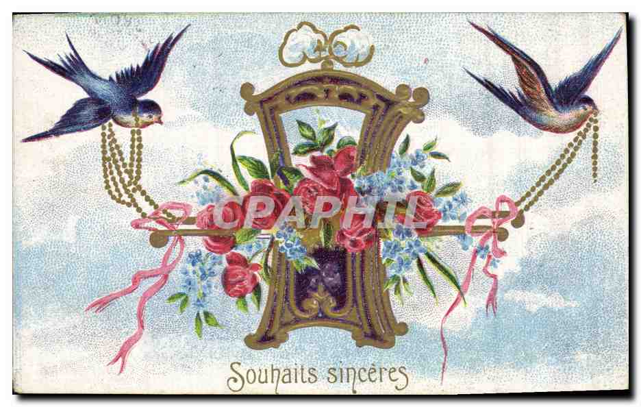 CPA Fantaisie Fleurs Hirondelles