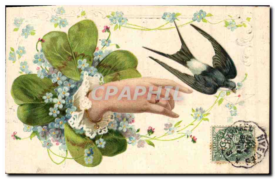 CPA Fantaisie Fleurs Main Hirondelle