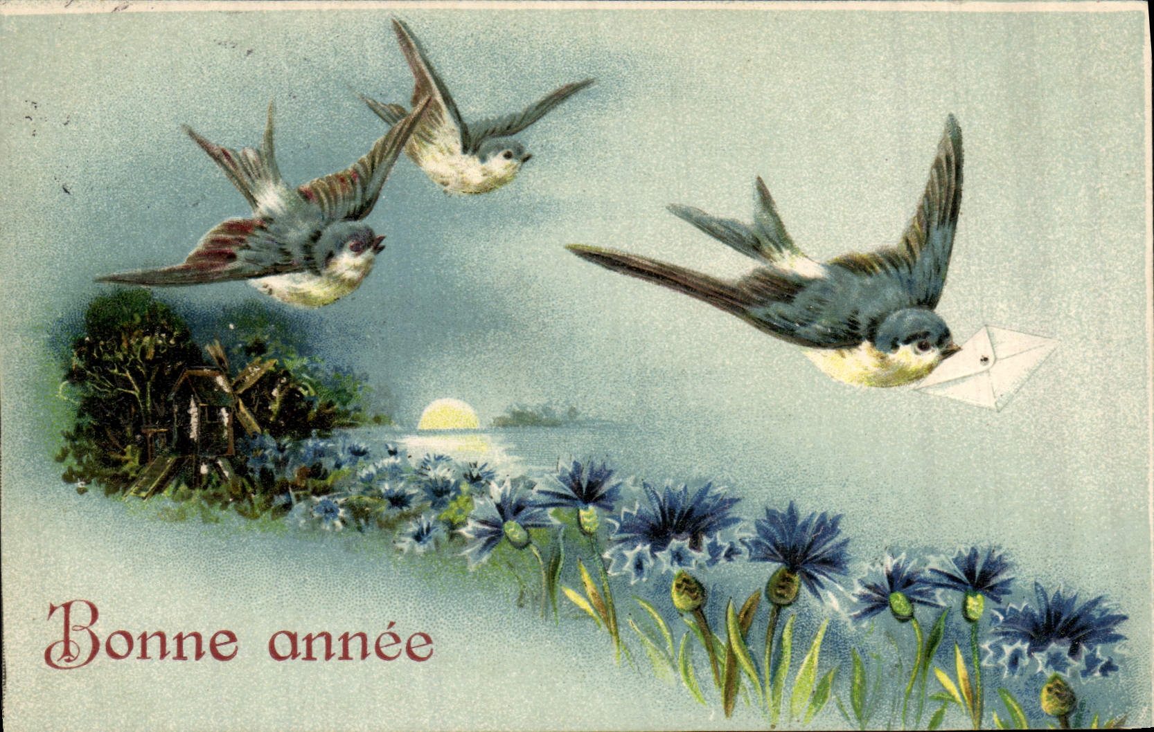 CPA Fantaisie Fleurs Hirondelles