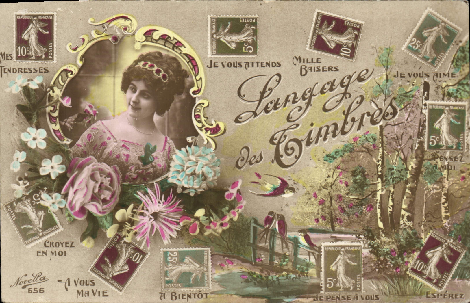 CPA Fantaisie Le langage des timbres Semeuse Femme