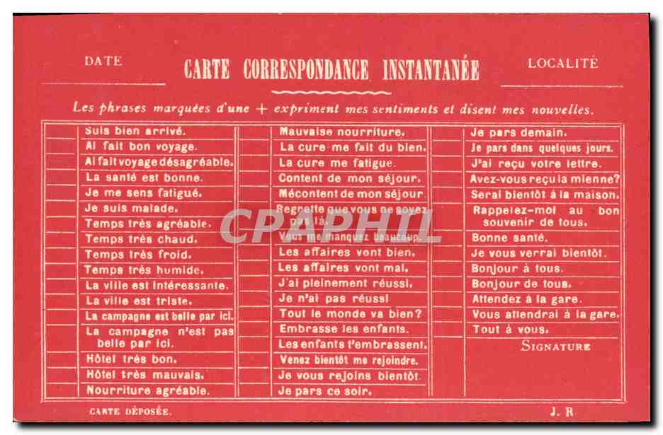 Carte correspondance instantanée — phrases pré-imprimées — éditeur non visible