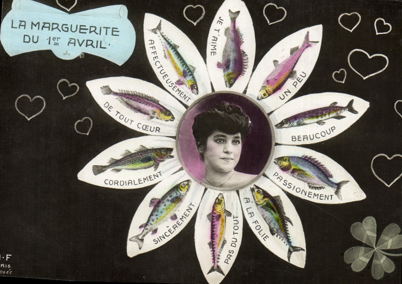 La Marguerite du 1er Avril — carte postale décorative avec motif floral de poissons et portrait central — éditeur J.-F. Paris, n° 38315045