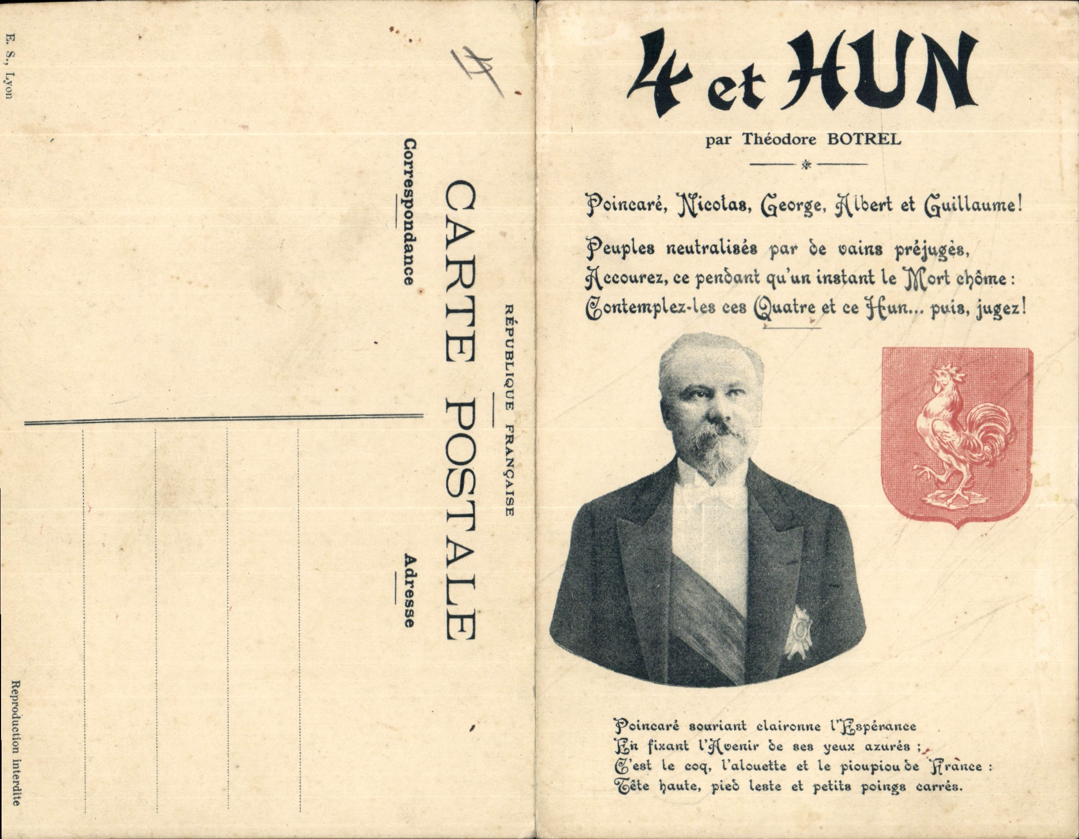 CPA 4 et Hun Theodore Botrel Poincare Nicolas II George V Albert Guillame Lion Aigle Russie Russia 