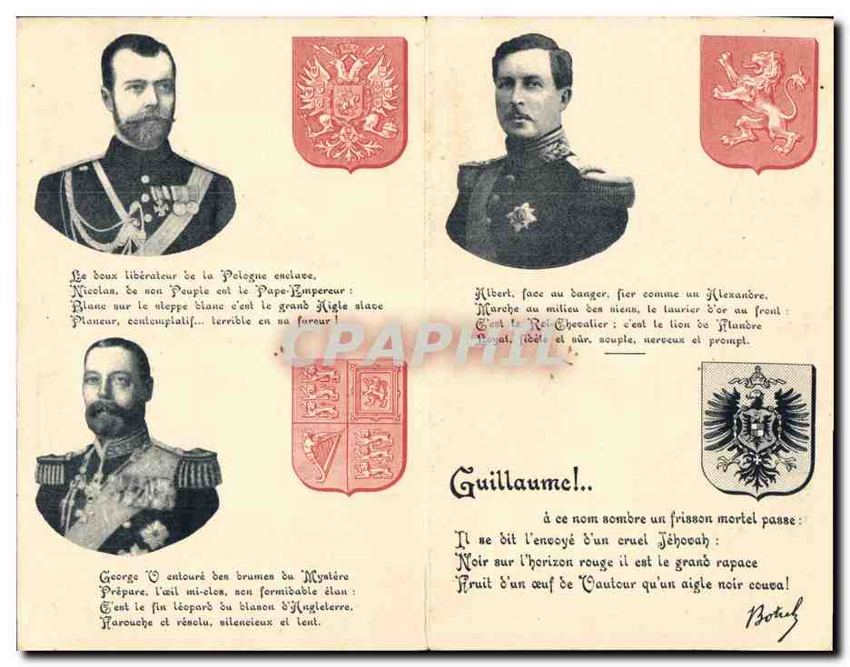 CPA 4 et Hun Theodore Botrel Poincare Nicolas II George V Albert Guillame Lion Aigle Russie Russia  — Verso