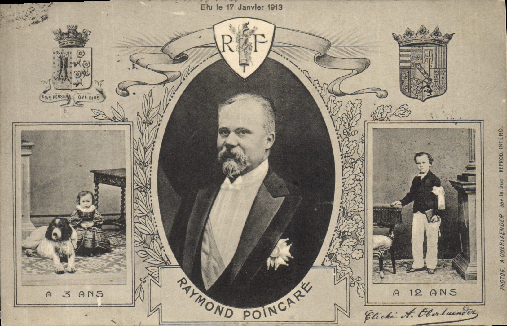 Raymond Poincaré — portrait adulte entre deux photos d'enfance — Photog. A. Oberlaender