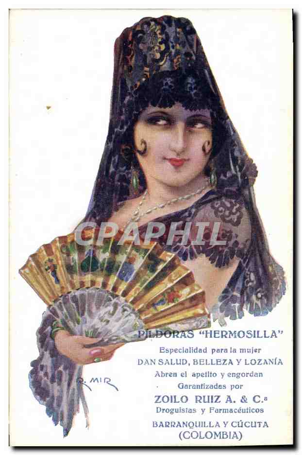 Femme en voile noir — publicité pour Pildoras 'Hermosilla' — éditeur R. Mir, N° 133