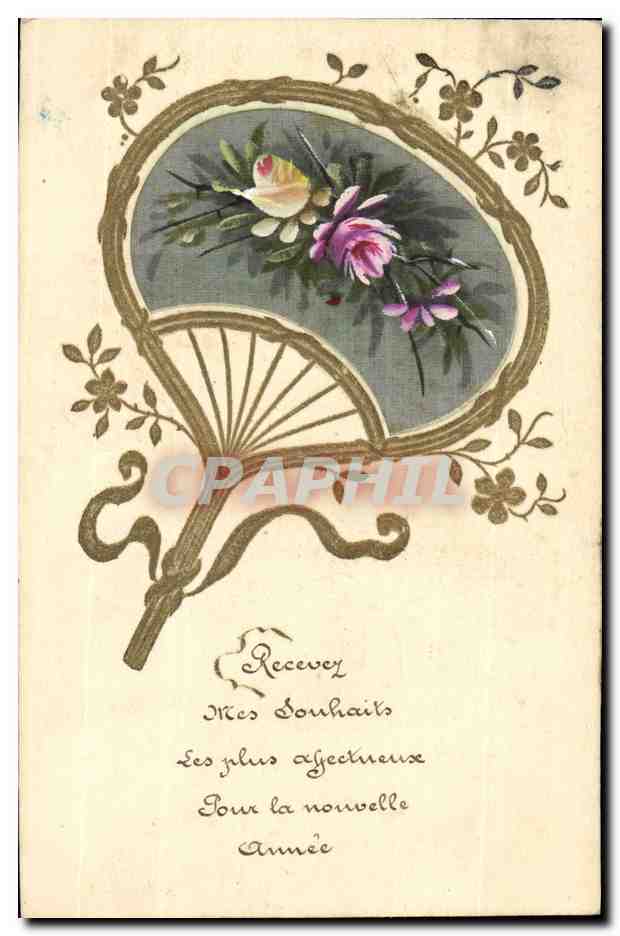 Fan orné de fleurs — Souhaits pour la nouvelle année — Carte postale