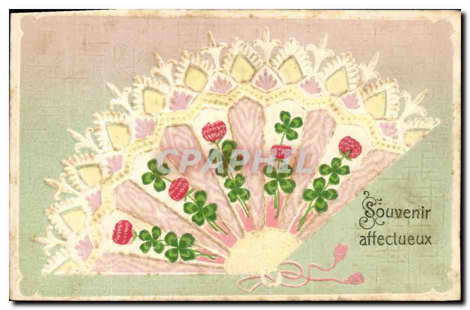 CPA Fantaisie Fleurs Eventail Trefles (décor en relief) 