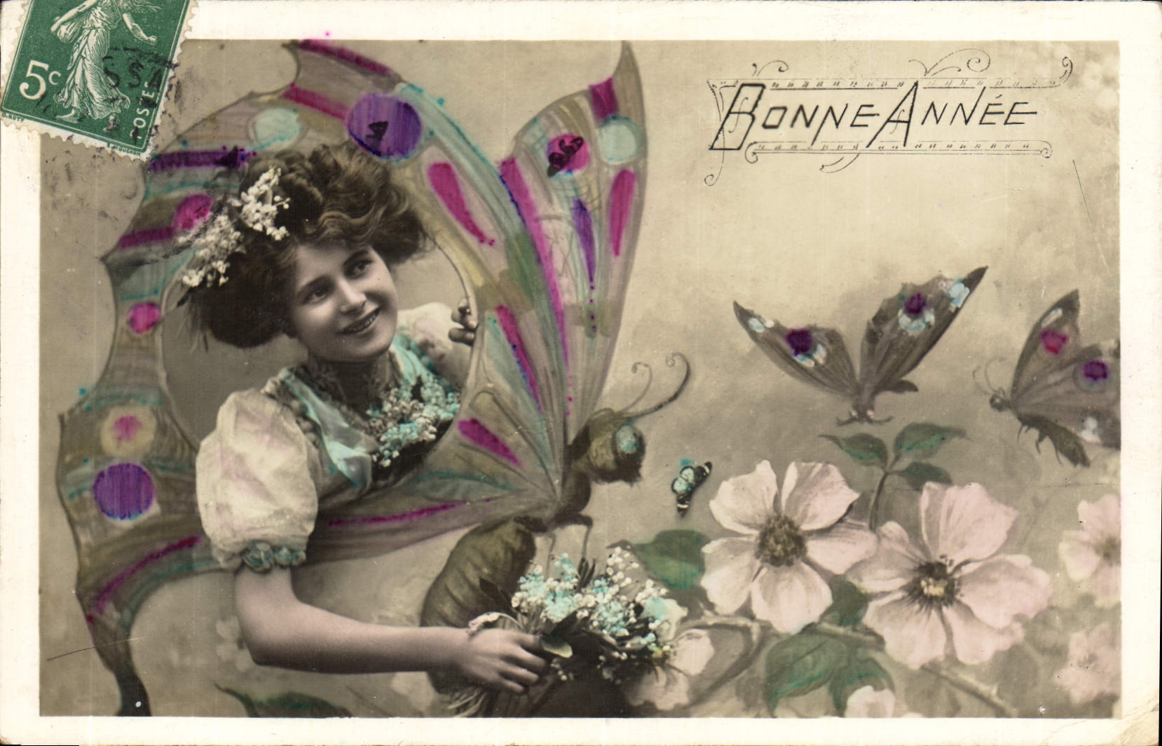 Fée aux ailes de papillon — Bonne Année — Carte postale illustrée