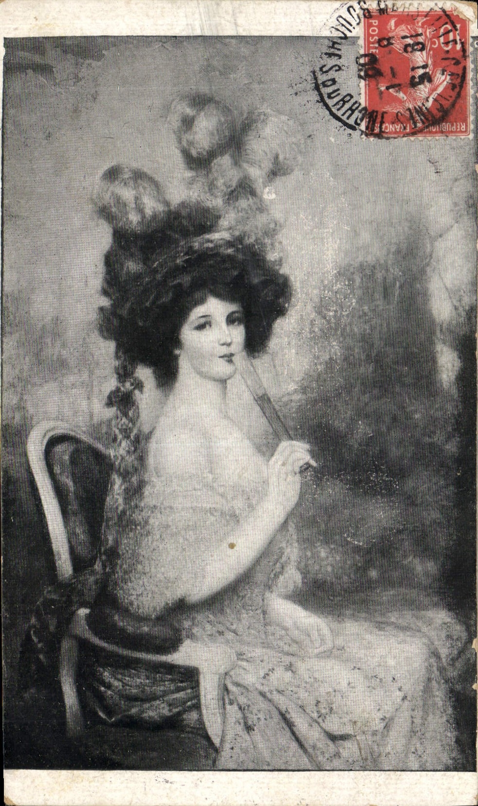 Femme en robe et chapeau à plumes — portrait — éditeur inconnu