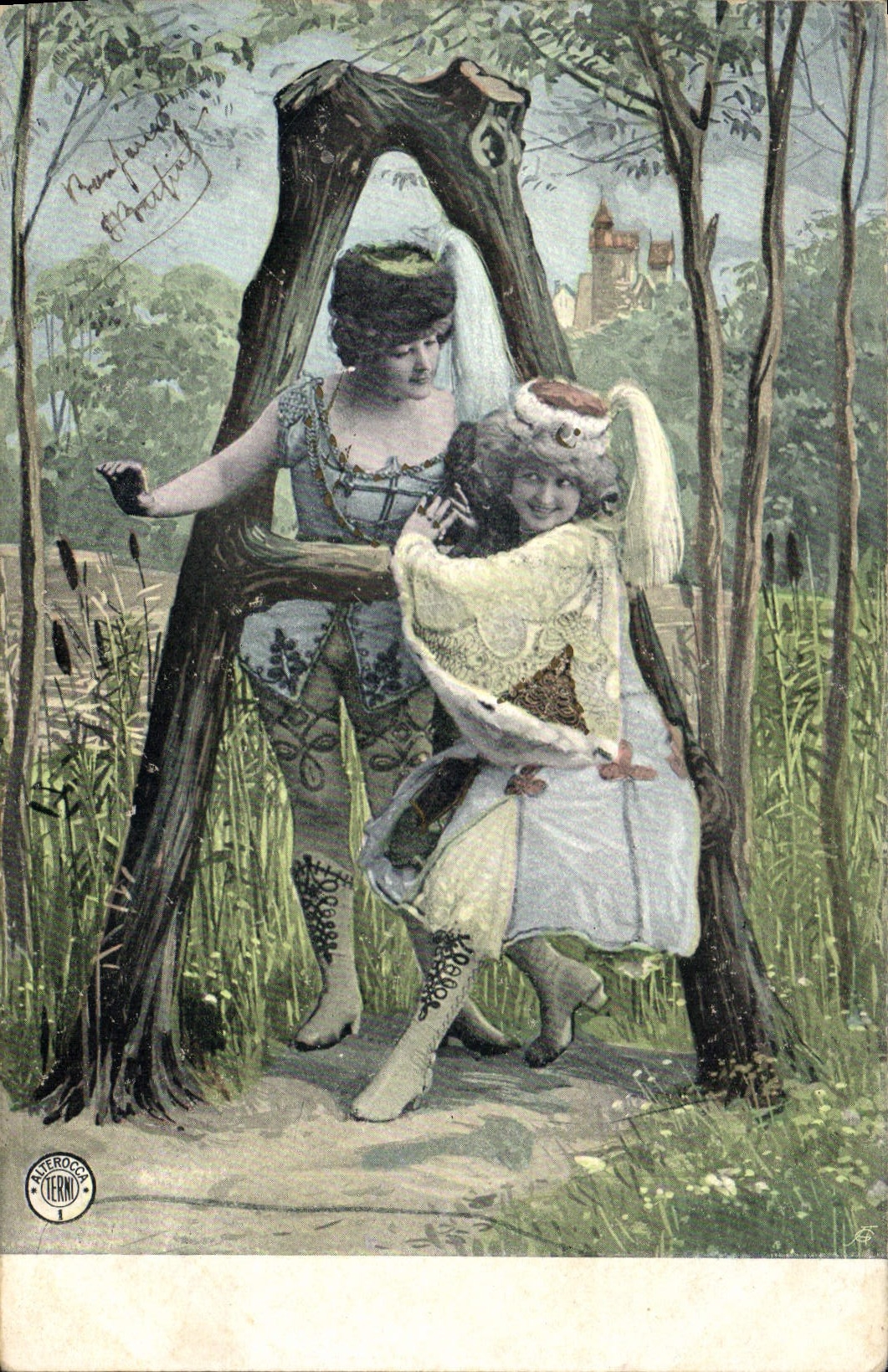Deux jeunes femmes dans un cadre de tronc d'arbre — éditeur Ankerocco Cernò, n°1