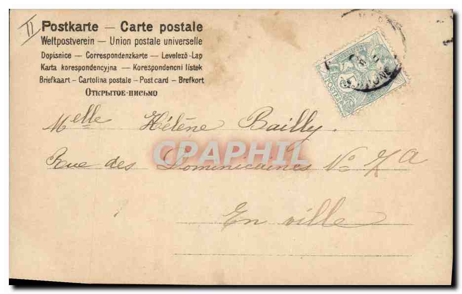 Femme portant un pot sur la tête — scène bucolique avec enfants et chien — éditeur Blies, n° de série non visible — Reverso