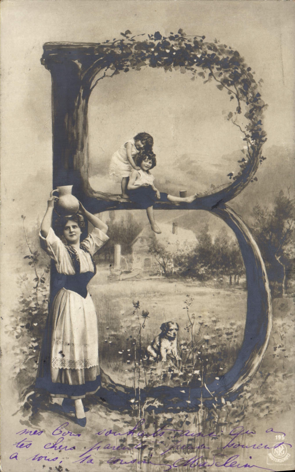 Femme et enfants dans un décor de lettres — éditeur NRG Winterschot, n° 195