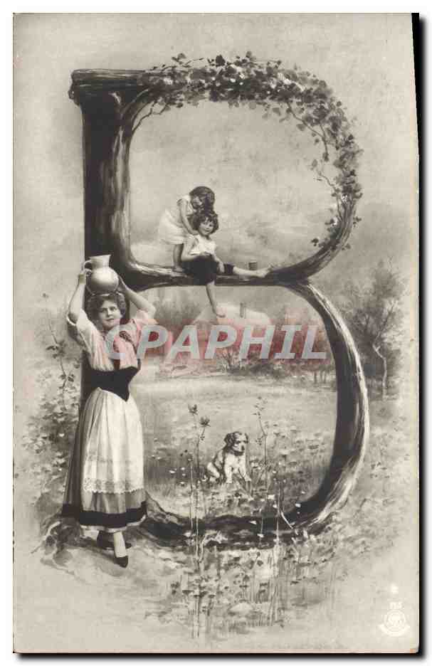 Femme et enfants dans un décor de lettres — éditeur CPAPHIL, n° 154