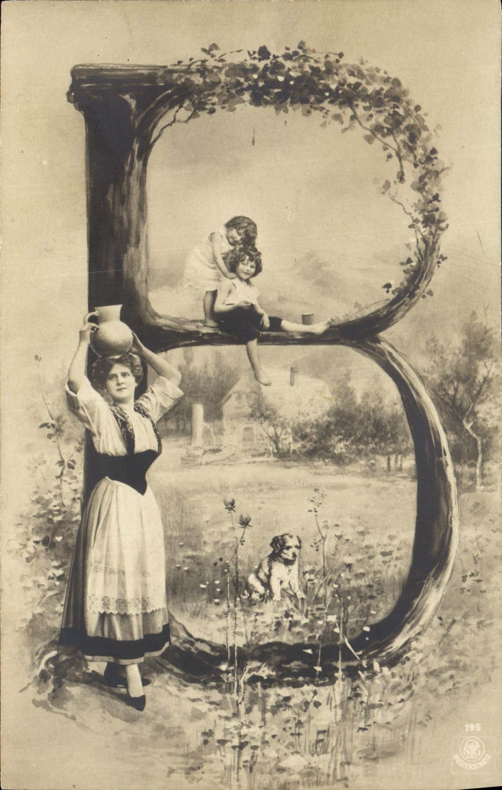 Femme et enfants dans une grande lettre D — décor végétal — SRC, n° 195