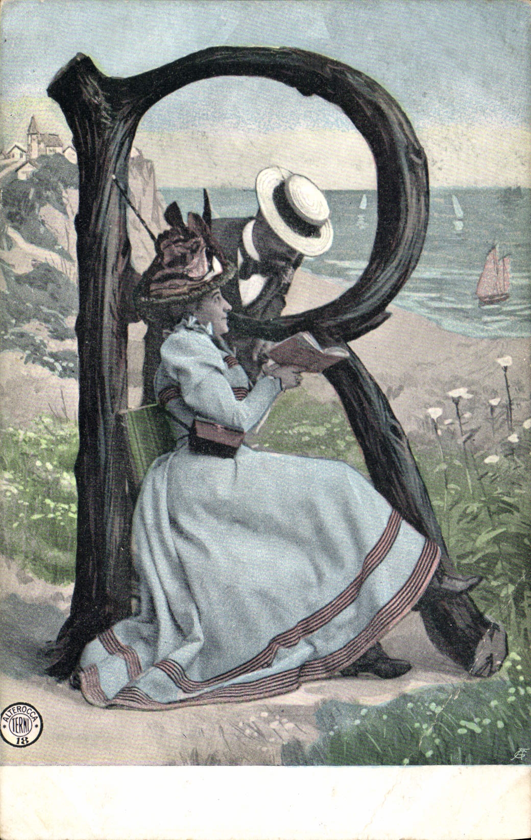 Femme lisant un livre — vue de la mer — éditeur Allerborch, n° 735