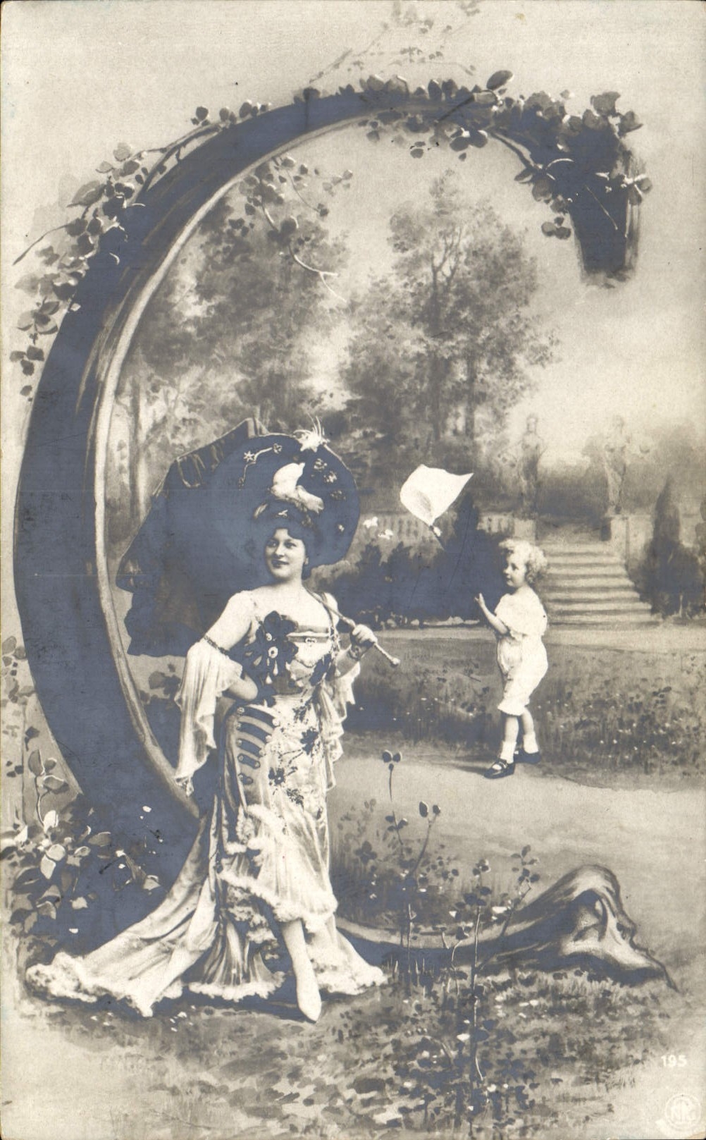 Lady in elegant dress and child — garden scene — publisher CPAPHIL, no. 195