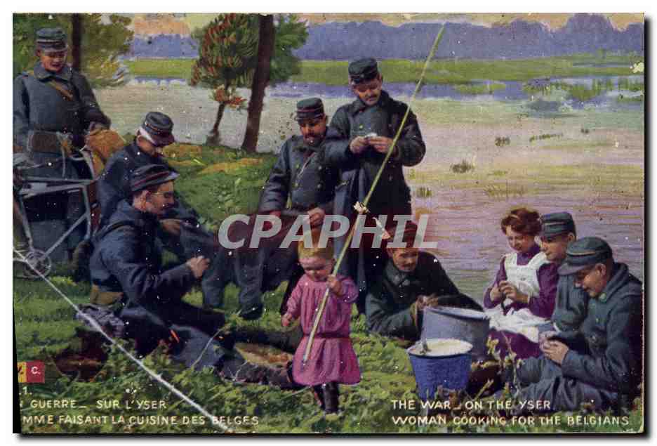 CPA Militaria Sur l'Yser Femme faisant la cuisines aux belges 
