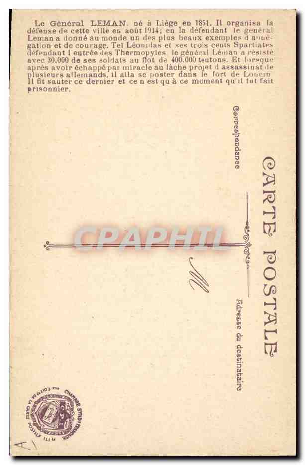 CPA Militaria General Leman Le vaillant defenseur de Liege  — Verso