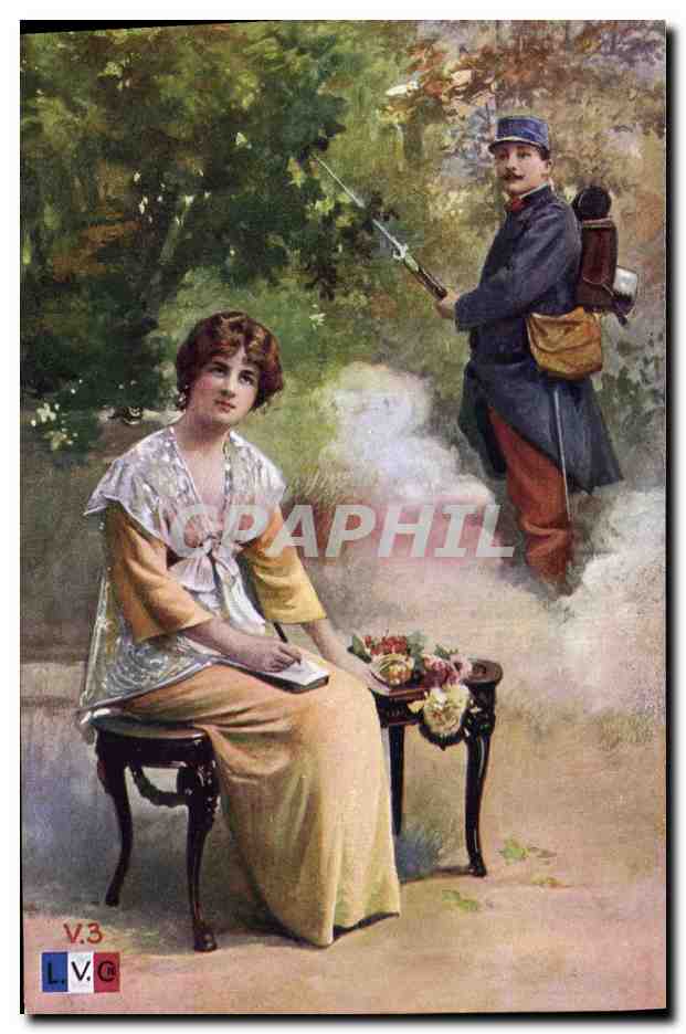 Femme assise avec un soldat — scène de jardin — édition L.V.C. n° V.3 - Anverso