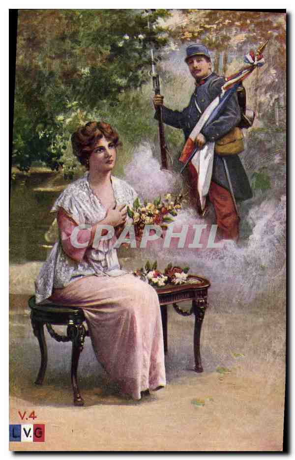 Femme assise avec un soldat — scène de jardin — éditeur L.V.G., série V.4 - Recto