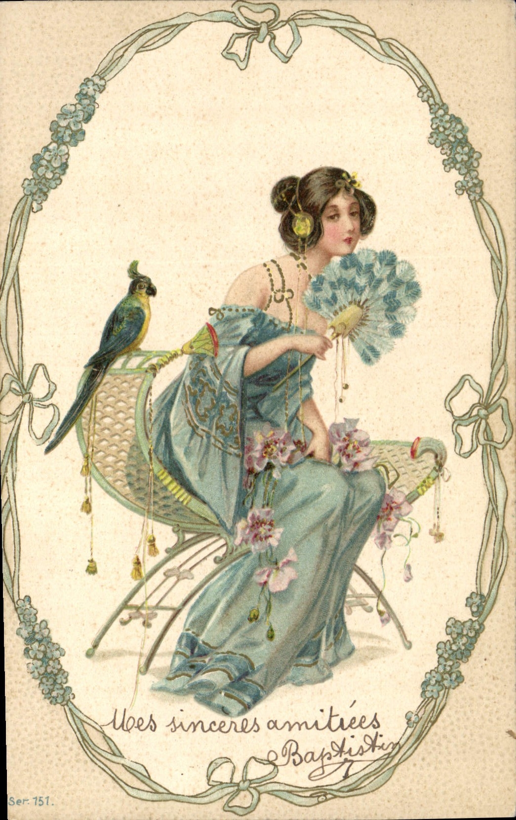 Jeune femme en robe bleue avec perroquet — Baptiste — Ser. 751