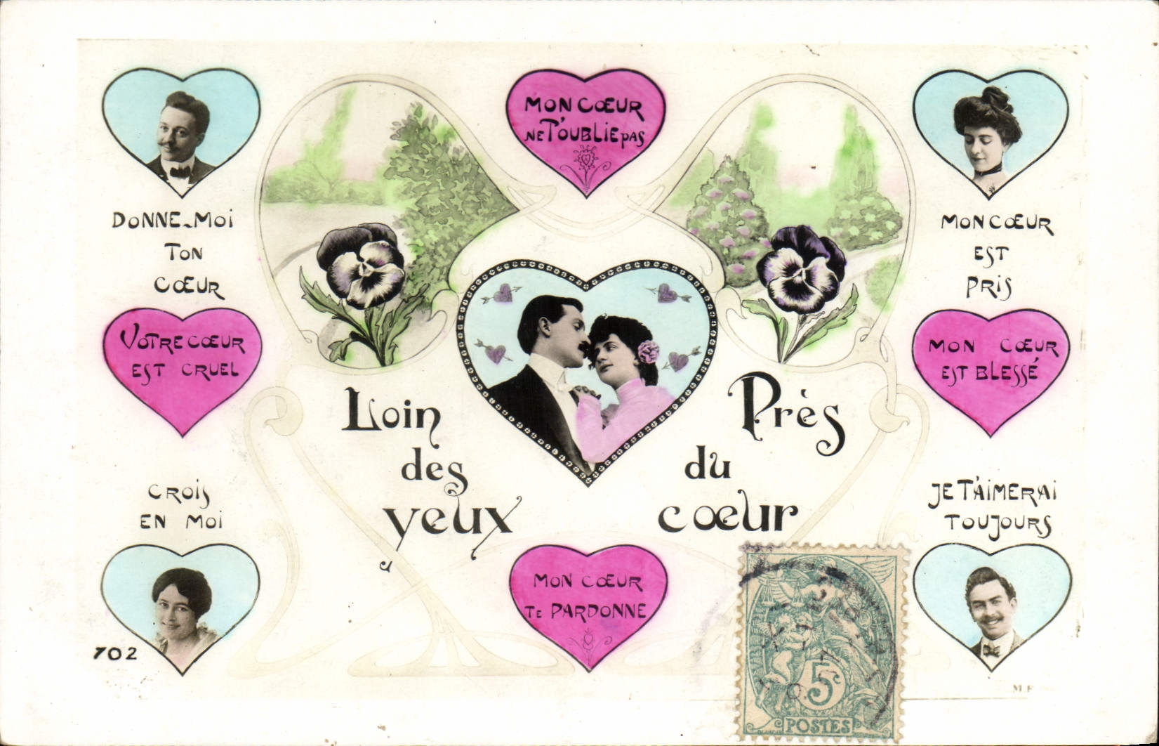 Carte postale amoureuse — 'Loin des yeux, près du cœur' — éditeur non identifié, n°702