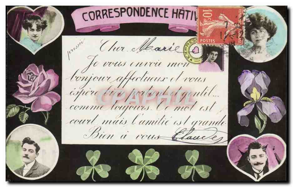 Correspondance Hâtive — Carte postale décorative avec portraits et fleurs — Éditeur : Union Postale Universelle