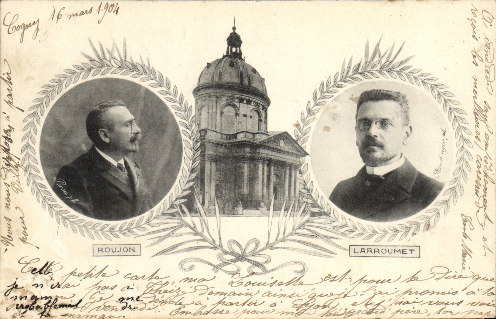 Coagny — Carte postale commémorative avec portraits de Roujon et Larroumet — Éditeur Les Annales Politiques et Littéraires