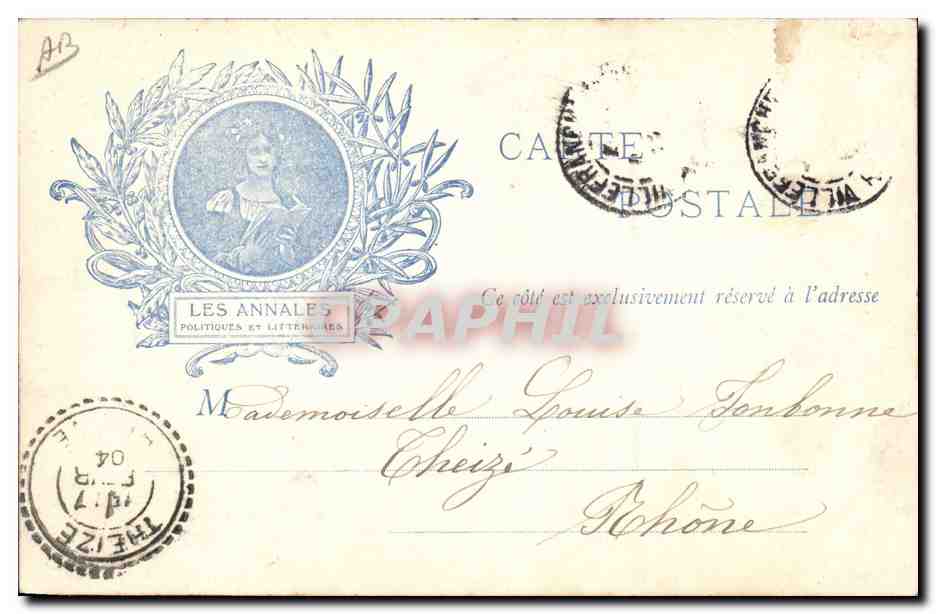 Coagny — Carte postale commémorative avec portraits de Roujon et Larroumet — Éditeur Les Annales Politiques et Littéraires — Verso